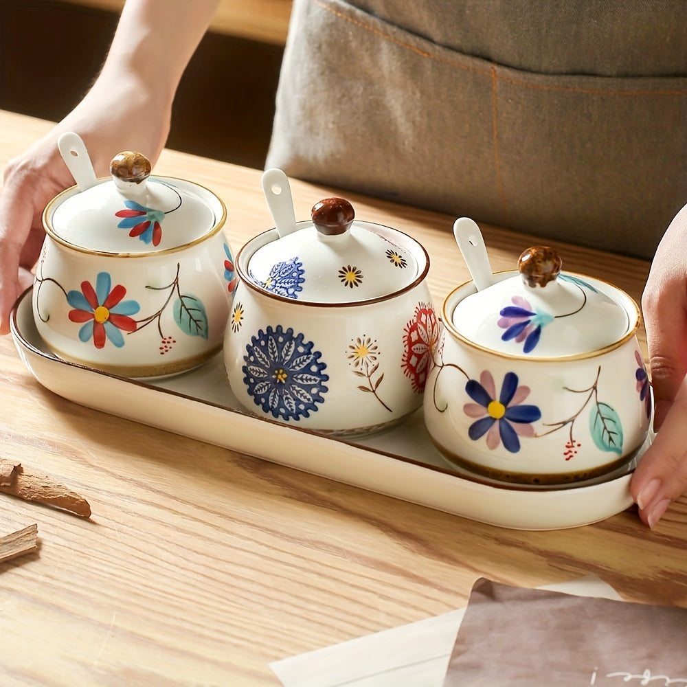 3pcs Hand-painted Ceramic Seasoning Bottle Set with Lid And Spoon, Flowers Pattern, Dishwasher Safe, Kitchen Accessories
