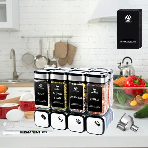 12 Spice Jars with 360° Rotating Lids, 4-ounce Square Spice Set with Black Labels, 4.06oz Spice Jars with Lids and Labels, Spice Bottle with Pen, Hose Brush, Stainless Steel Funnel
