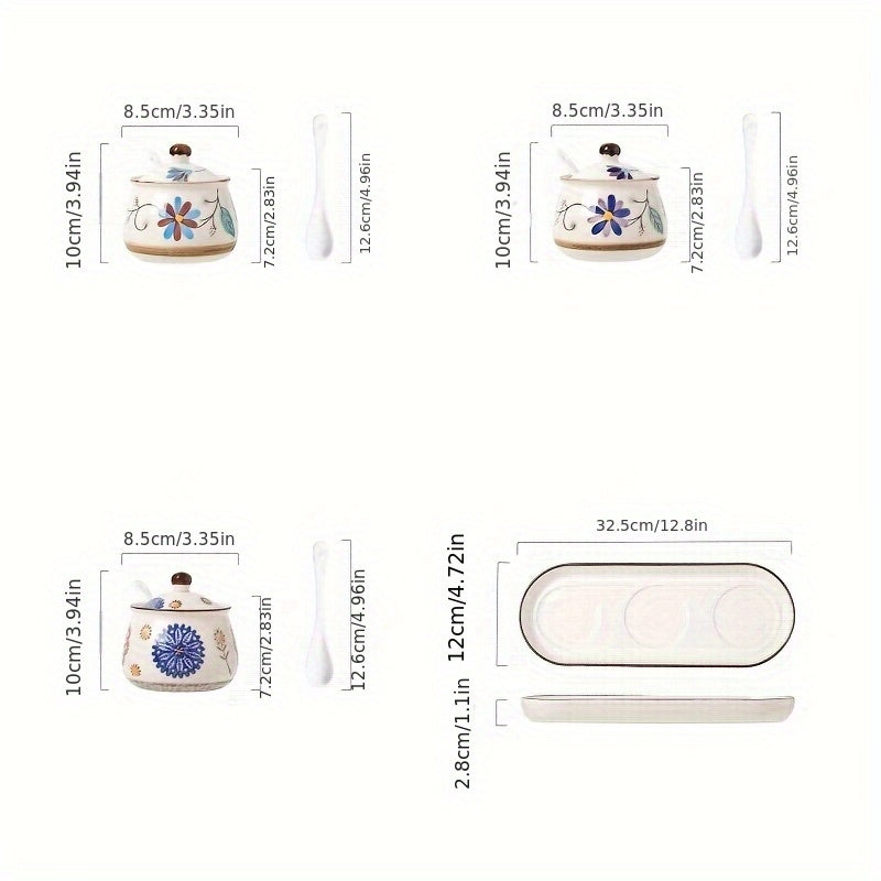 3pcs Hand-painted Ceramic Seasoning Bottle Set with Lid And Spoon, Flowers Pattern, Dishwasher Safe, Kitchen Accessories