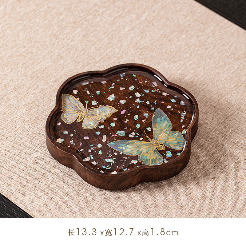 Yishi Chahua Thick Suitable for Tea Pot Trivet & Cup Mat - Walnut Wood Pad with Mother-of-Pearl Imitation Butterfly\u002FPetal, Decorative Table for Tea Pots, Cups, Tea Ceremonies, for Use