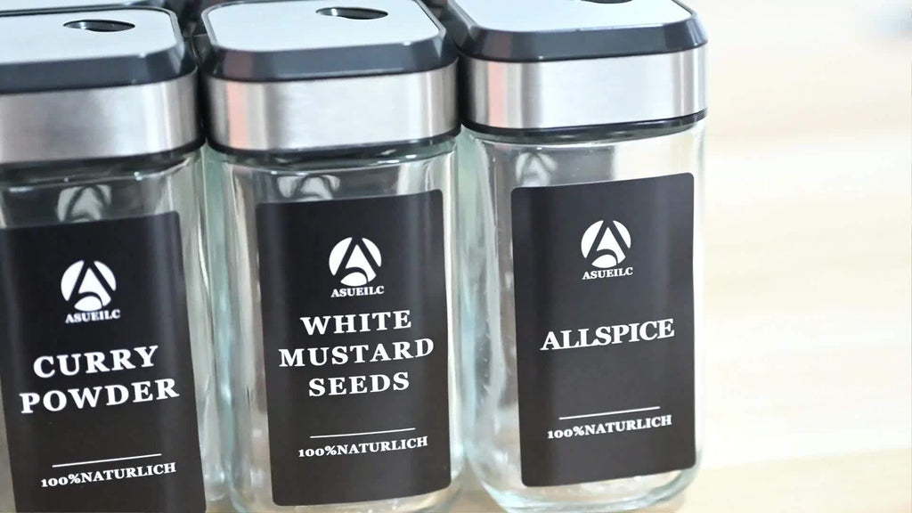 12 Spice Jars with 360° Rotating Lids, 4-ounce Square Spice Set with Black Labels, 4.06oz Spice Jars with Lids and Labels, Spice Bottle with Pen, Hose Brush, Stainless Steel Funnel