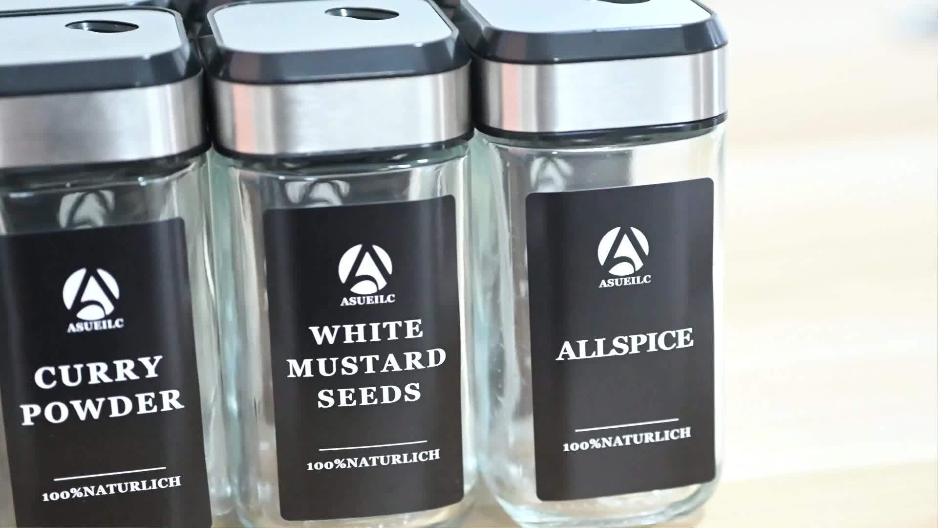 12 Spice Jars with 360° Rotating Lids, 4-ounce Square Spice Set with Black Labels, 4.06oz Spice Jars with Lids and Labels, Spice Bottle with Pen, Hose Brush, Stainless Steel Funnel