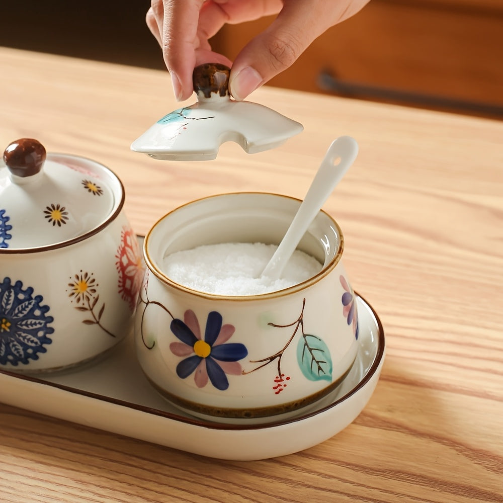 3pcs Hand-painted Ceramic Seasoning Bottle Set with Lid And Spoon, Flowers Pattern, Dishwasher Safe, Kitchen Accessories
