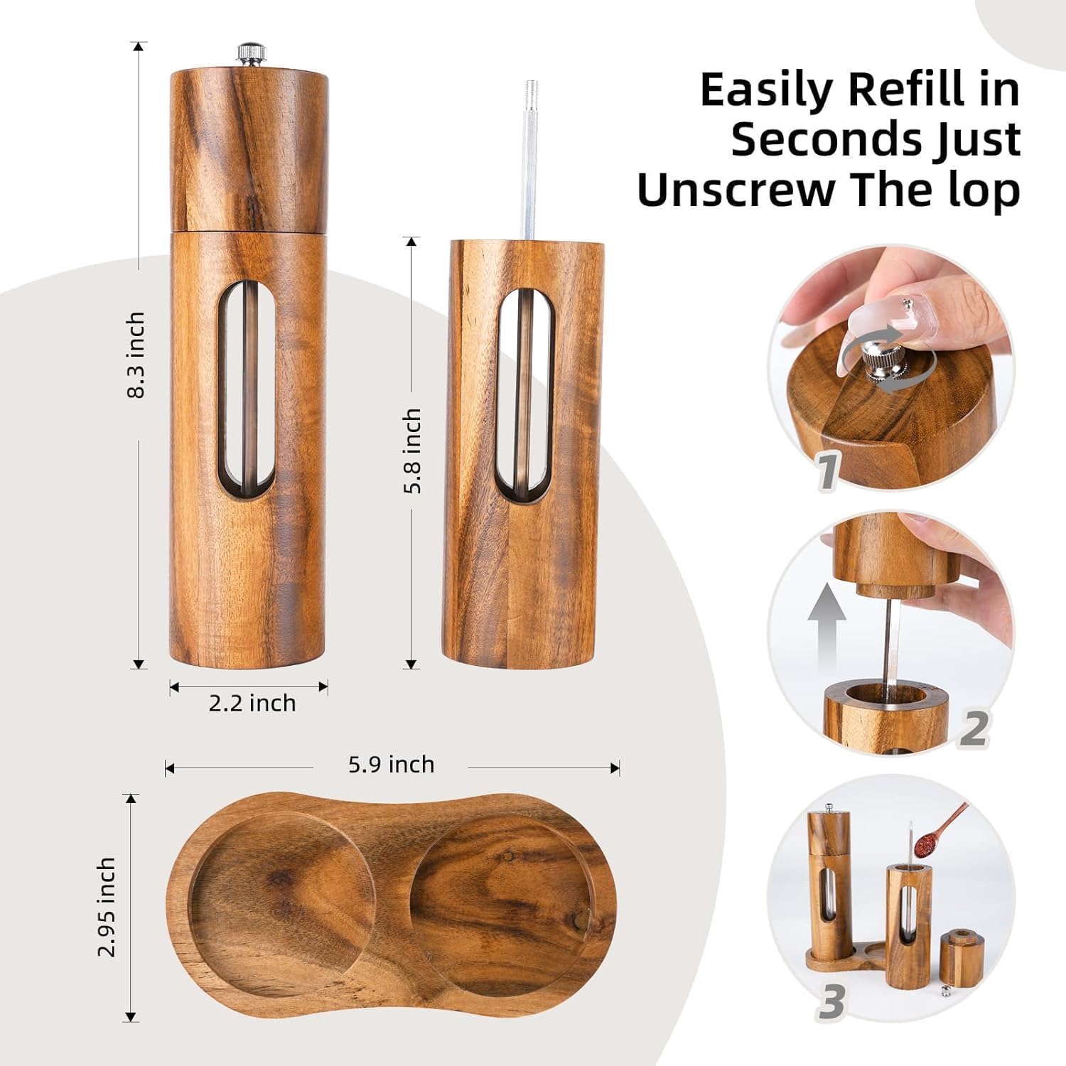 Acacia Wood Salt And Pepper Grinder Set with Base, Refillable Wooden Pepper And Salt Mill with Adjustable Ceramic Grinder for Kitchen And Dining, Durable Manual Salt Grinder
