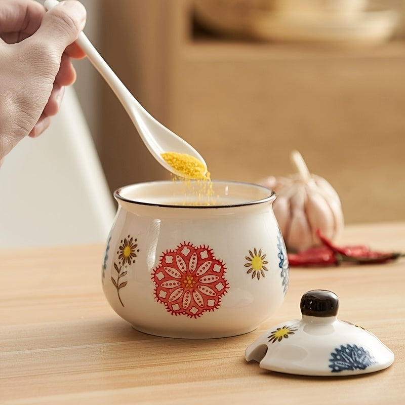 3pcs Hand-painted Ceramic Seasoning Bottle Set with Lid And Spoon, Flowers Pattern, Dishwasher Safe, Kitchen Accessories