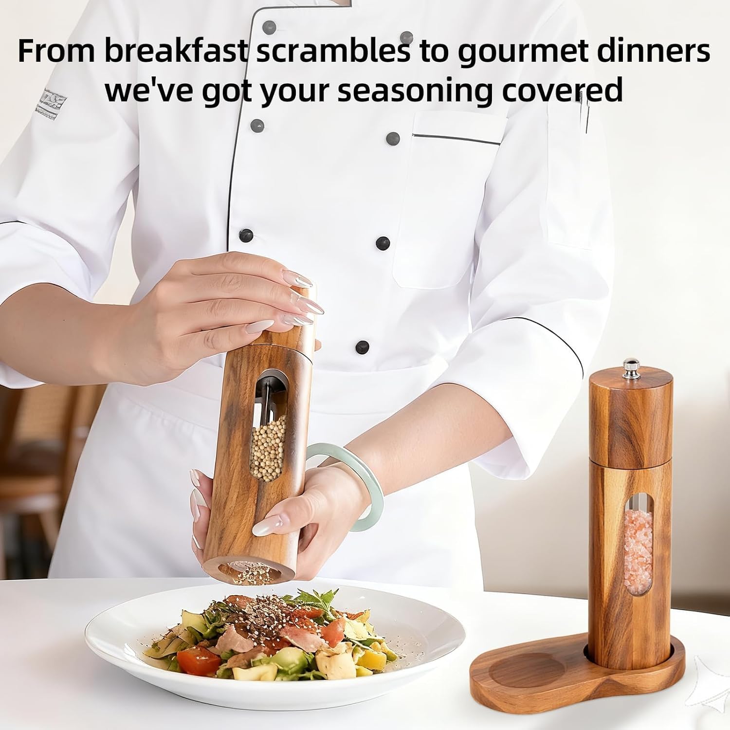 Acacia Wood Salt And Pepper Grinder Set with Base, Refillable Wooden Pepper And Salt Mill with Adjustable Ceramic Grinder for Kitchen And Dining, Durable Manual Salt Grinder