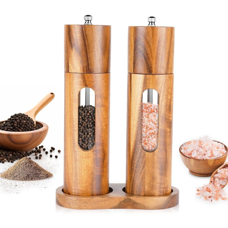 Acacia Wood Salt And Pepper Grinder Set with Base, Refillable Wooden Pepper And Salt Mill with Adjustable Ceramic Grinder for Kitchen And Dining, Durable Manual Salt Grinder