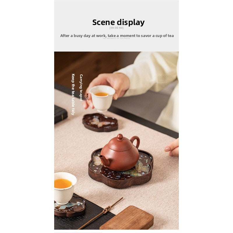 Yishi Chahua Thick Suitable for Tea Pot Trivet & Cup Mat - Walnut Wood Pad with Mother-of-Pearl Imitation Butterfly\u002FPetal, Decorative Table for Tea Pots, Cups, Tea Ceremonies, for Use