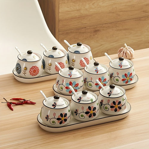 3pcs Hand-painted Ceramic Seasoning Bottle Set with Lid And Spoon, Flowers Pattern, Dishwasher Safe, Kitchen Accessories