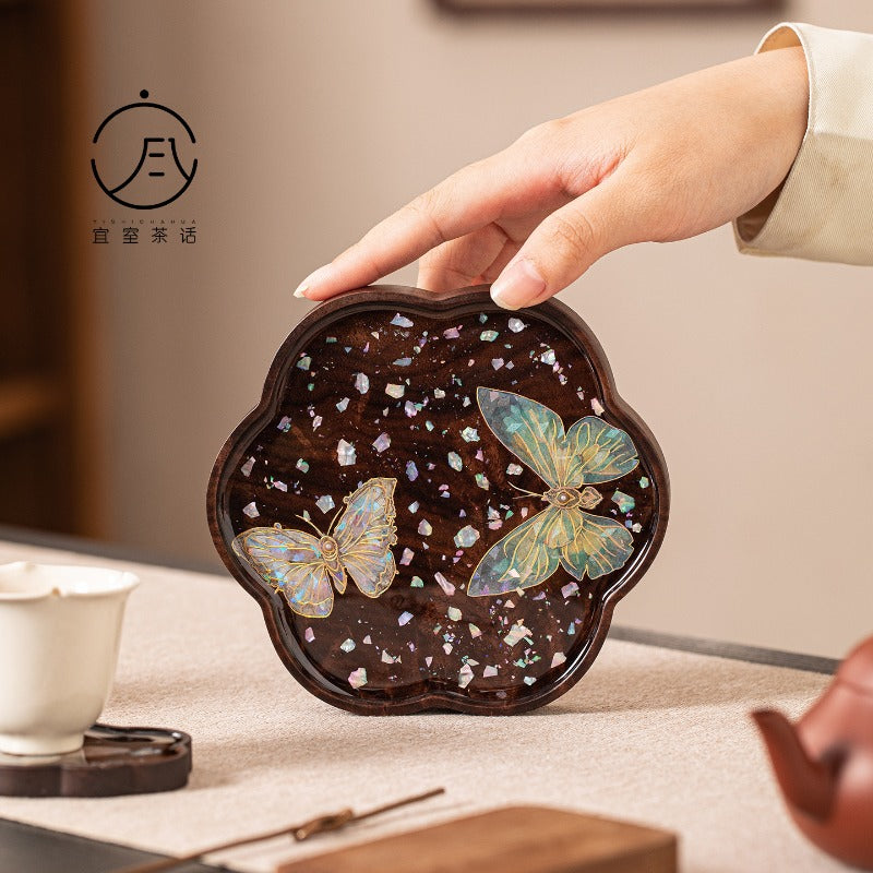 Yishi Chahua Thick Suitable for Tea Pot Trivet & Cup Mat - Walnut Wood Pad with Mother-of-Pearl Imitation Butterfly\u002FPetal, Decorative Table for Tea Pots, Cups, Tea Ceremonies, for Use