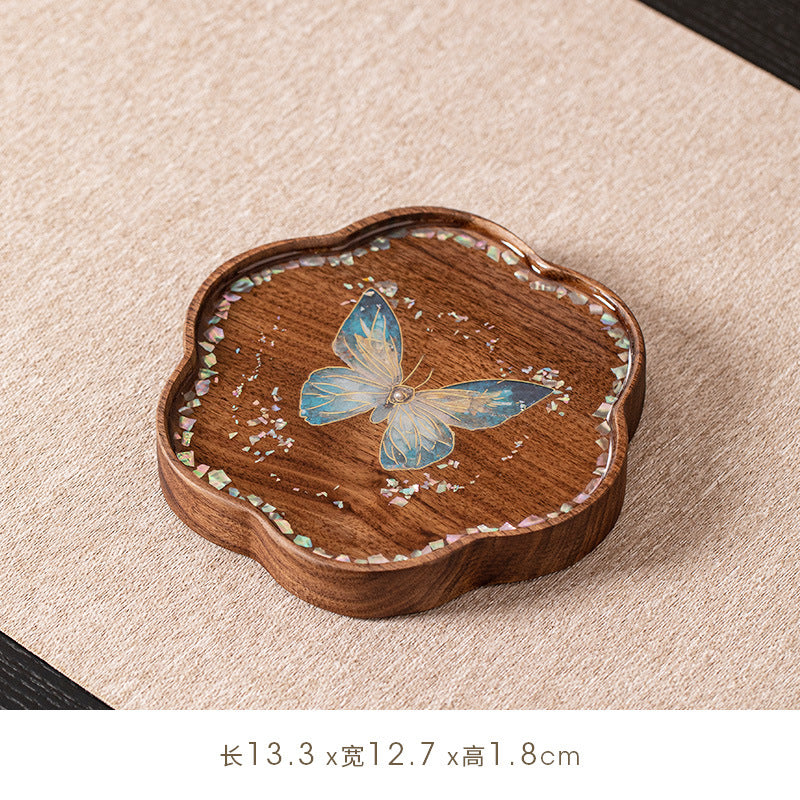 Yishi Chahua Thick Suitable for Tea Pot Trivet & Cup Mat - Walnut Wood Pad with Mother-of-Pearl Imitation Butterfly\u002FPetal, Decorative Table for Tea Pots, Cups, Tea Ceremonies, for Use