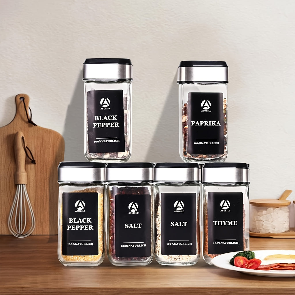 12 Spice Jars with 360° Rotating Lids, 4-ounce Square Spice Set with Black Labels, 4.06oz Spice Jars with Lids and Labels, Spice Bottle with Pen, Hose Brush, Stainless Steel Funnel