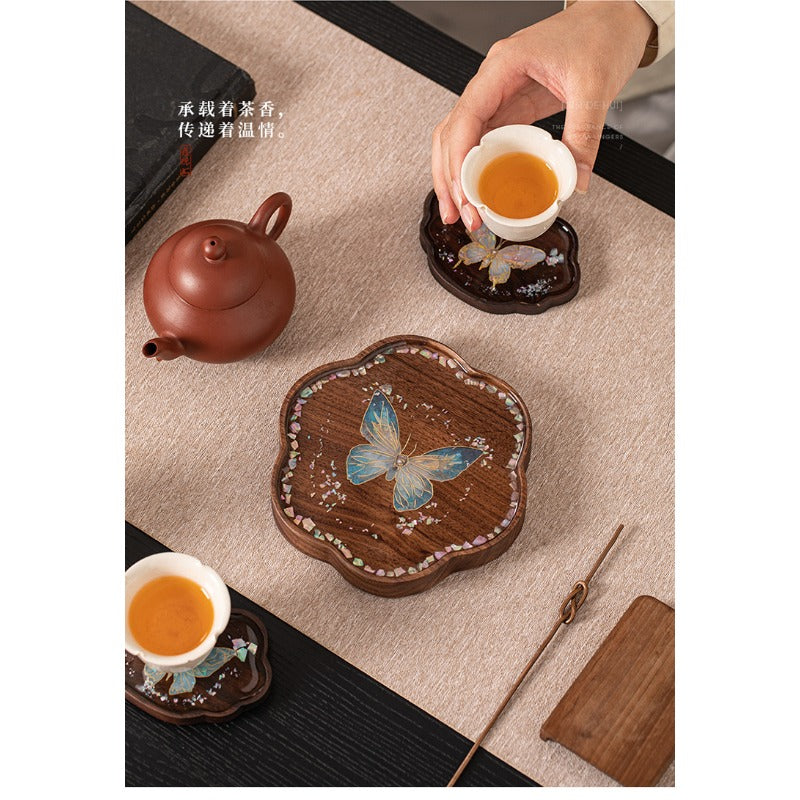 Yishi Chahua Thick Suitable for Tea Pot Trivet & Cup Mat - Walnut Wood Pad with Mother-of-Pearl Imitation Butterfly\u002FPetal, Decorative Table for Tea Pots, Cups, Tea Ceremonies, for Use