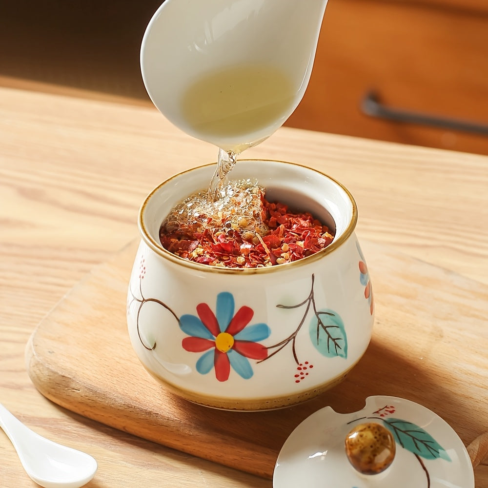 3pcs Hand-painted Ceramic Seasoning Bottle Set with Lid And Spoon, Flowers Pattern, Dishwasher Safe, Kitchen Accessories