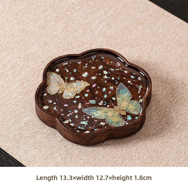 Yishi Chahua Thick Suitable for Tea Pot Trivet & Cup Mat - Walnut Wood Pad with Mother-of-Pearl Imitation Butterfly\u002FPetal, Decorative Table for Tea Pots, Cups, Tea Ceremonies, for Use