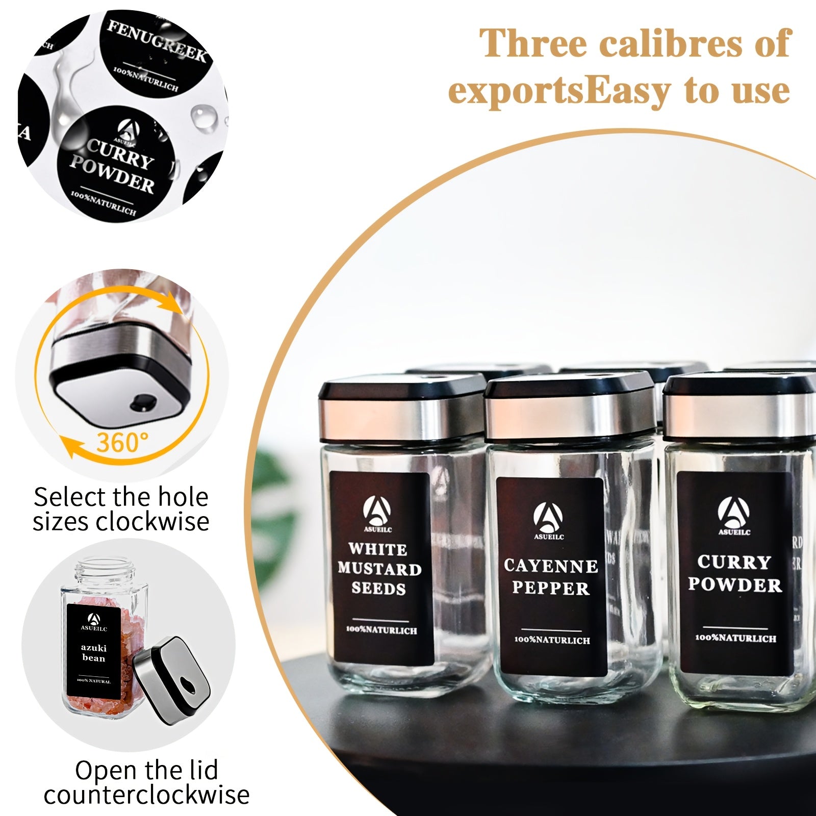 12 Spice Jars with 360° Rotating Lids, 4-ounce Square Spice Set with Black Labels, 4.06oz Spice Jars with Lids and Labels, Spice Bottle with Pen, Hose Brush, Stainless Steel Funnel