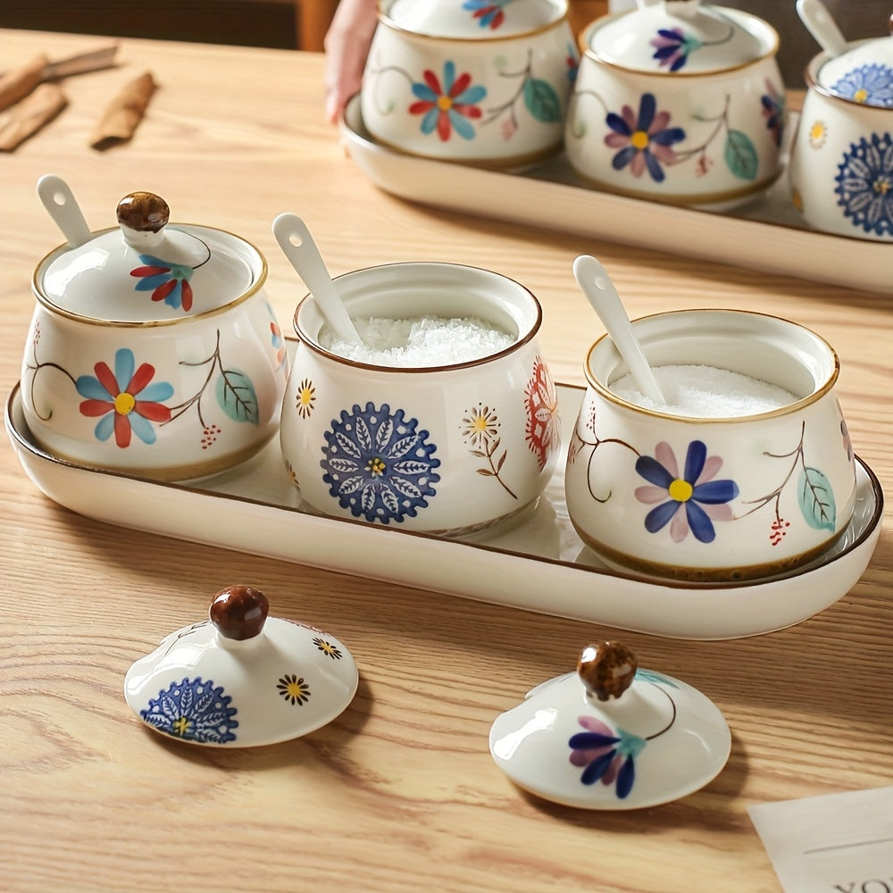 3pcs Hand-painted Ceramic Seasoning Bottle Set with Lid And Spoon, Flowers Pattern, Dishwasher Safe, Kitchen Accessories
