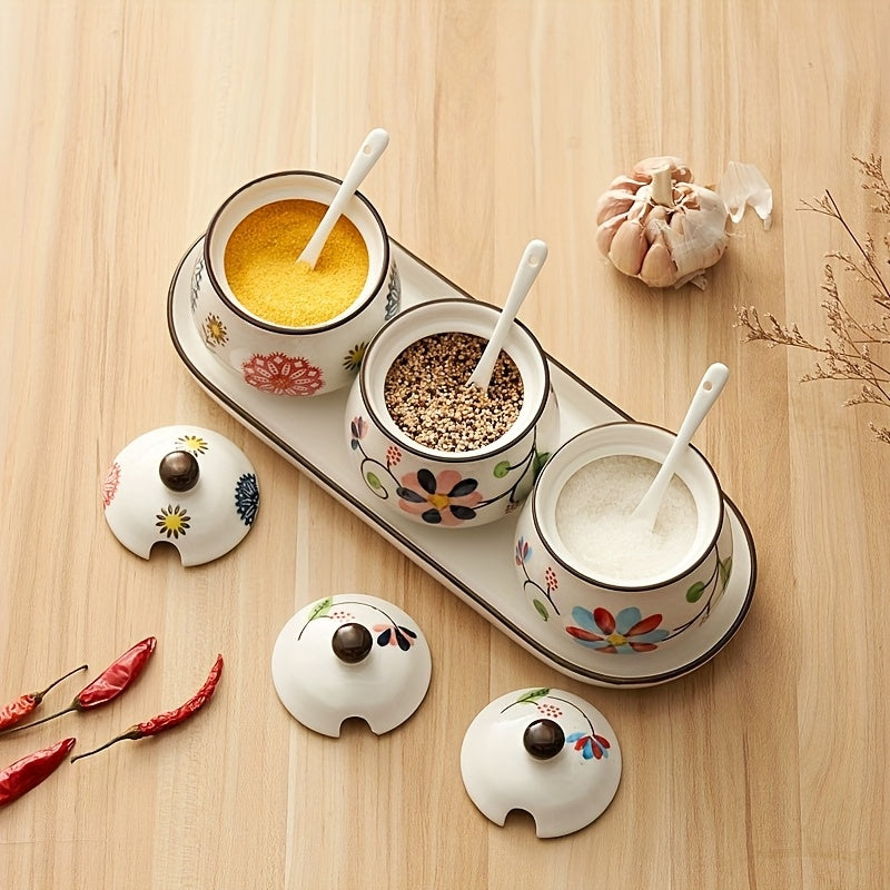 3pcs Hand-painted Ceramic Seasoning Bottle Set with Lid And Spoon, Flowers Pattern, Dishwasher Safe, Kitchen Accessories