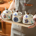 3pcs Hand-painted Ceramic Seasoning Bottle Set with Lid And Spoon, Flowers Pattern, Dishwasher Safe, Kitchen Accessories