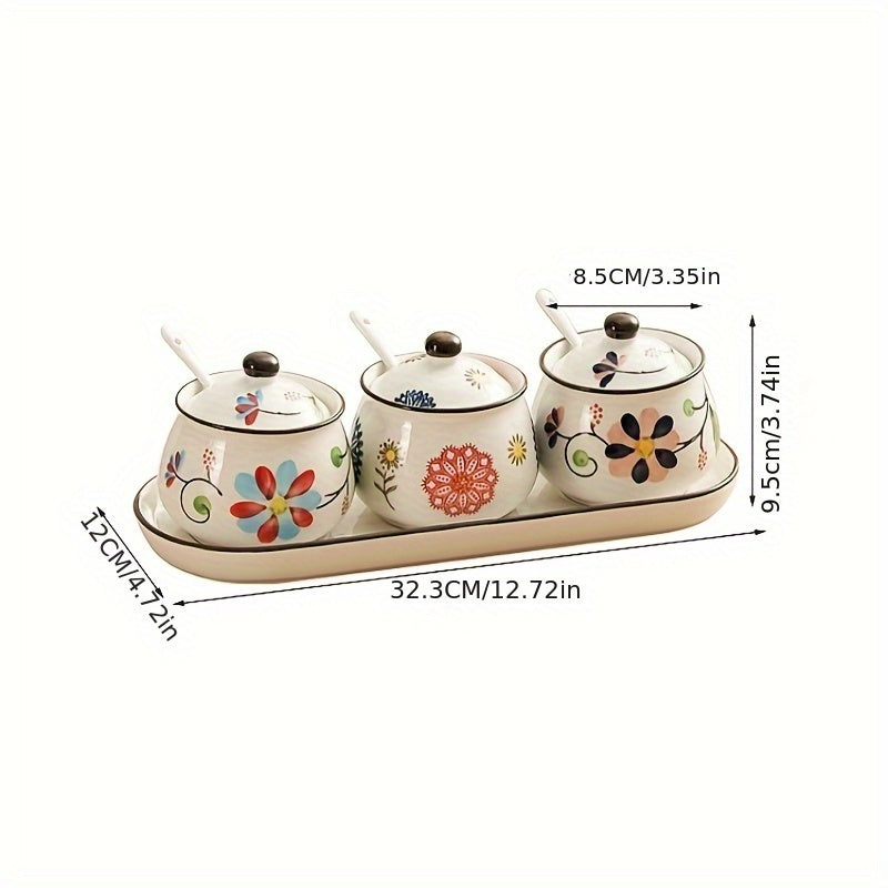 3pcs Hand-painted Ceramic Seasoning Bottle Set with Lid And Spoon, Flowers Pattern, Dishwasher Safe, Kitchen Accessories