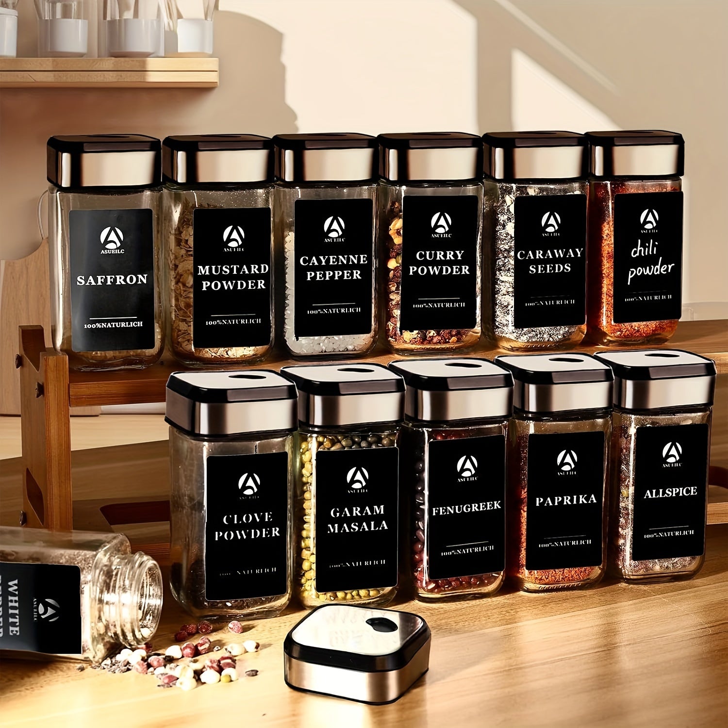 12 Spice Jars with 360° Rotating Lids, 4-ounce Square Spice Set with Black Labels, 4.06oz Spice Jars with Lids and Labels, Spice Bottle with Pen, Hose Brush, Stainless Steel Funnel