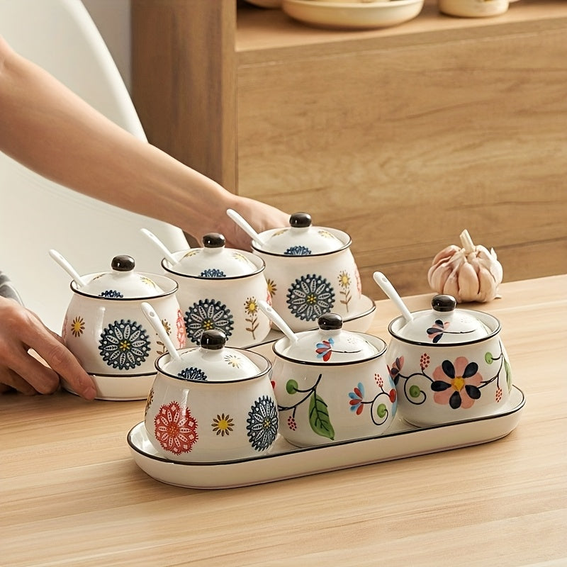3pcs Hand-painted Ceramic Seasoning Bottle Set with Lid And Spoon, Flowers Pattern, Dishwasher Safe, Kitchen Accessories