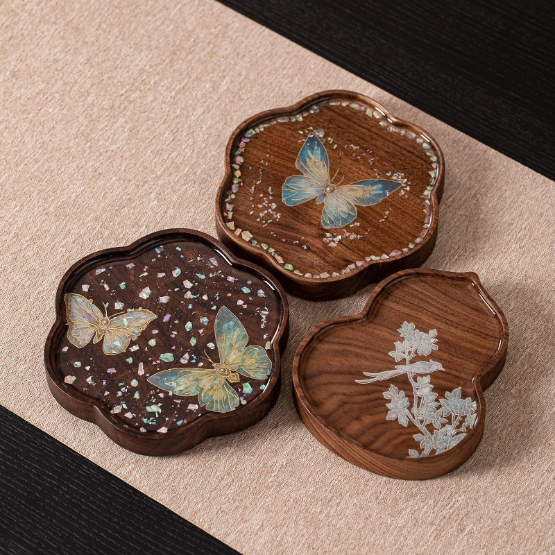 Yishi Chahua Thick Suitable for Tea Pot Trivet & Cup Mat - Walnut Wood Pad with Mother-of-Pearl Imitation Butterfly\u002FPetal, Decorative Table for Tea Pots, Cups, Tea Ceremonies, for Use
